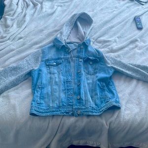 This is a aeropostal jean jacket with fuzzy cloth sleeves and hood.